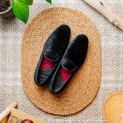 Zelli Formal II Black Velvet Loafer with Hand-Stitched Crocodile Vamp