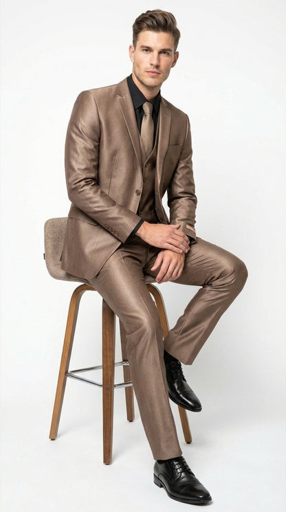 Men’s Bronze Brown Mocco 3 Piece Suit – Modern Formal Suit Set for Wedding, Prom and Business Events Light Brown Coffee Dark Tan