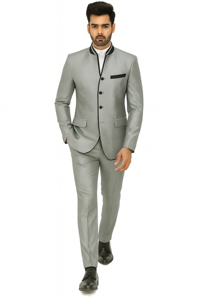 Mens 4 button Mandarin Tuxedo in Sharkskin Silver Grey with Black Trim 2 18-6081  - from alligatorwarehouse.com