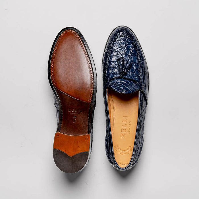 Zelli Franco Genuine Caiman Crocodile Tassel Loafers in Navy