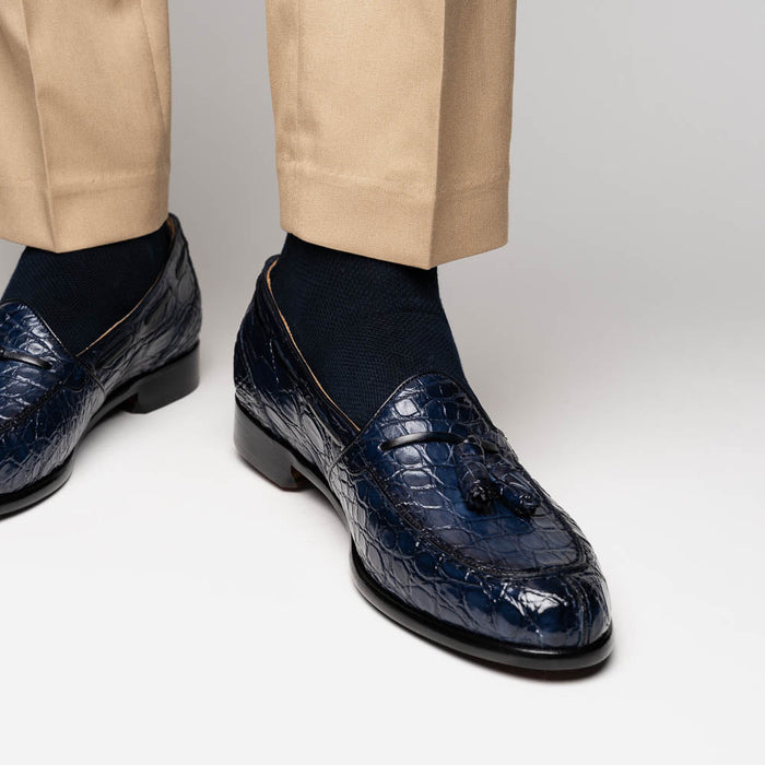 Zelli Franco Genuine Caiman Crocodile Tassel Loafers in Navy