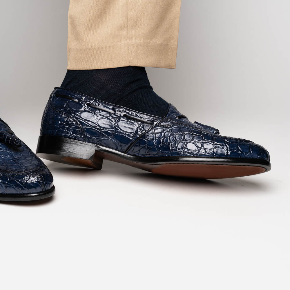 Zelli Franco Genuine Caiman Crocodile Tassel Loafers in Navy
