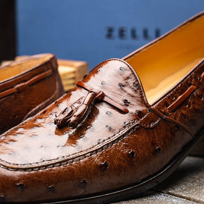 Zelli Franco Classic Ostrich Quill Tassel Loafers in Brown