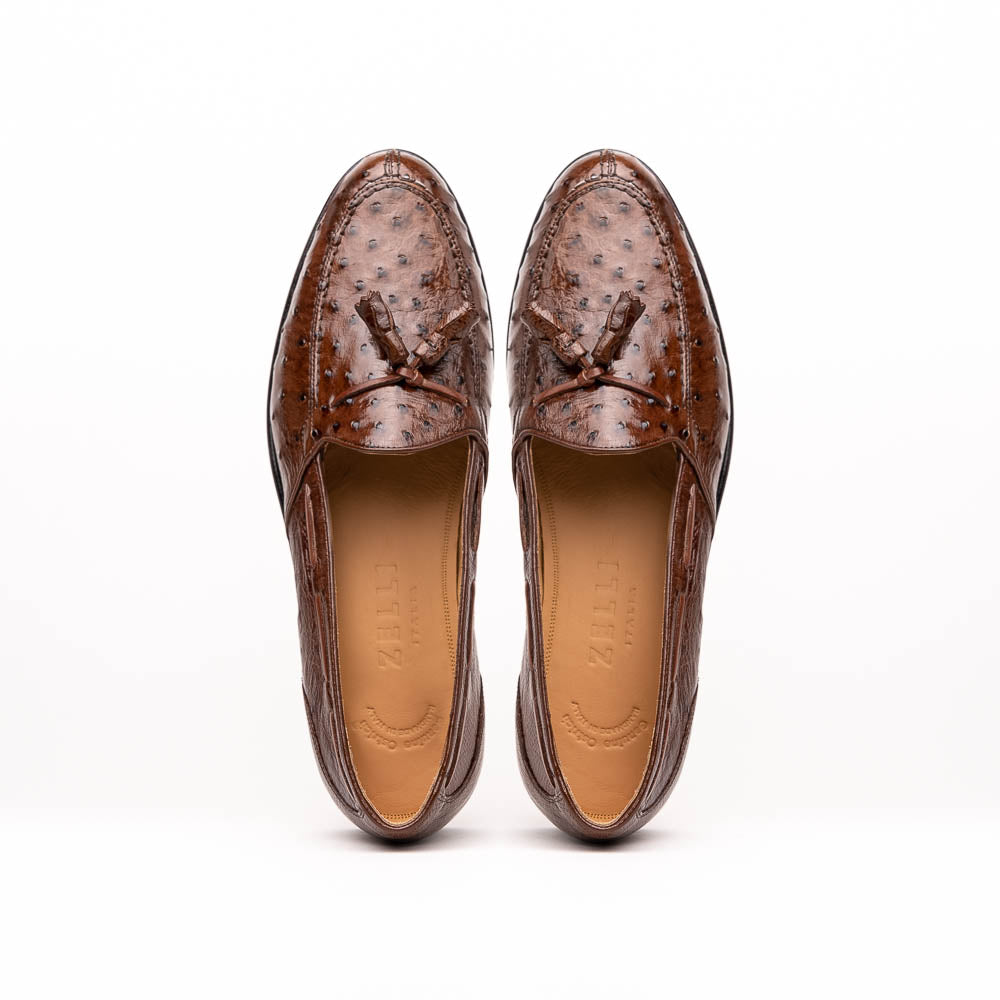 Zelli Franco Classic Ostrich Quill Tassel Loafers in Brown