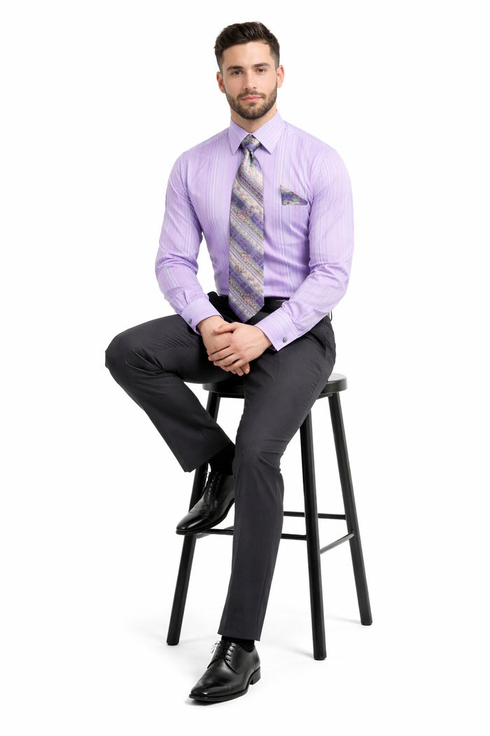 Men's Tonal Stripe French Cuff Dress Shirt, Tie & Hanky Set in Lavender