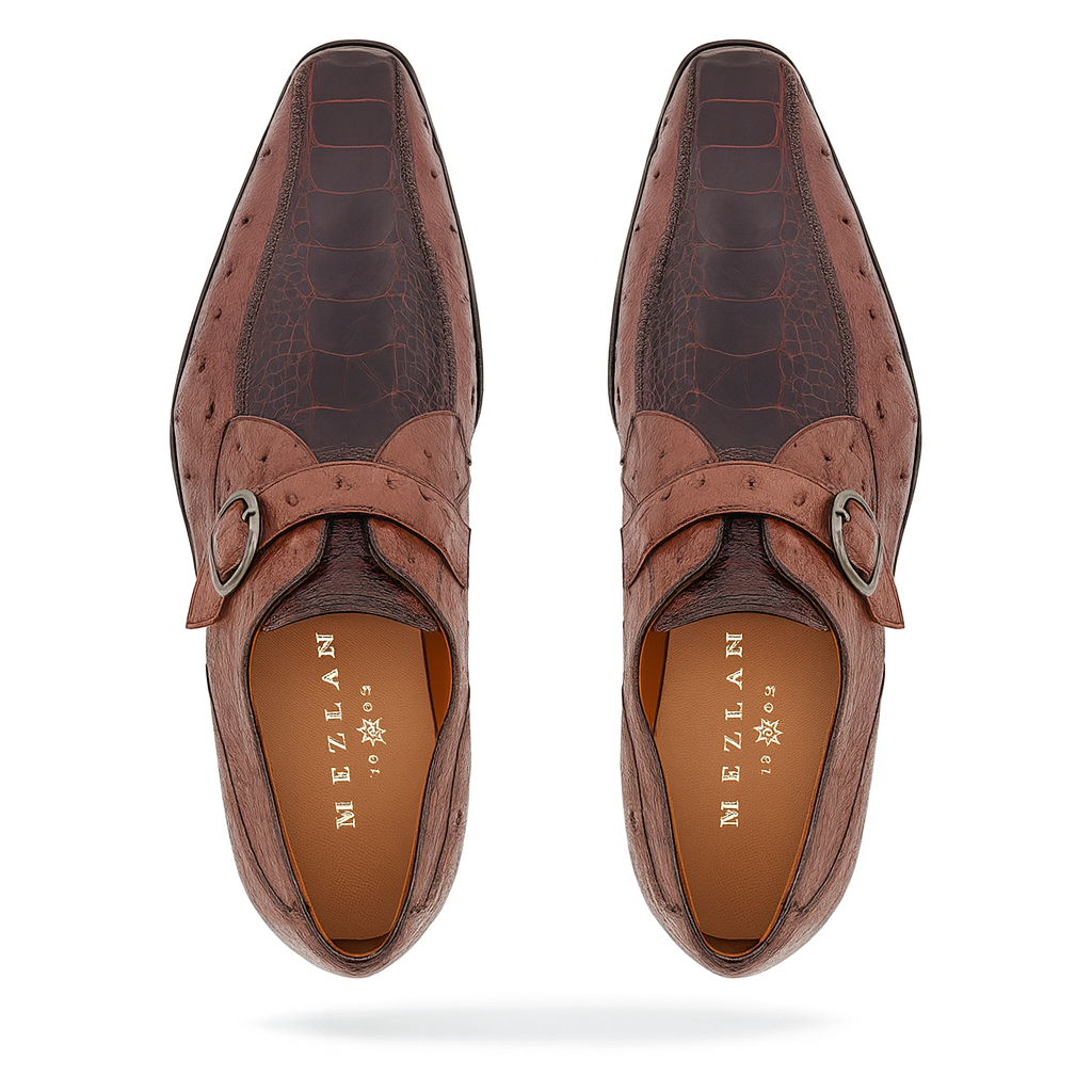 Mezlan Men's Genuine Full Quill Ostrich Leg Monk Brown  Strap Shoes