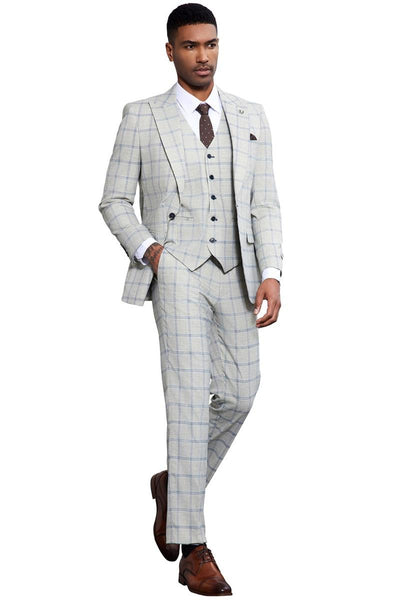 Men's Stacy Adams One Button Peak Lapel Vested Windowpane Plaid Suit in Grey & Blue 4 SM171H1-101-38R  - from alligatorwarehouse.com