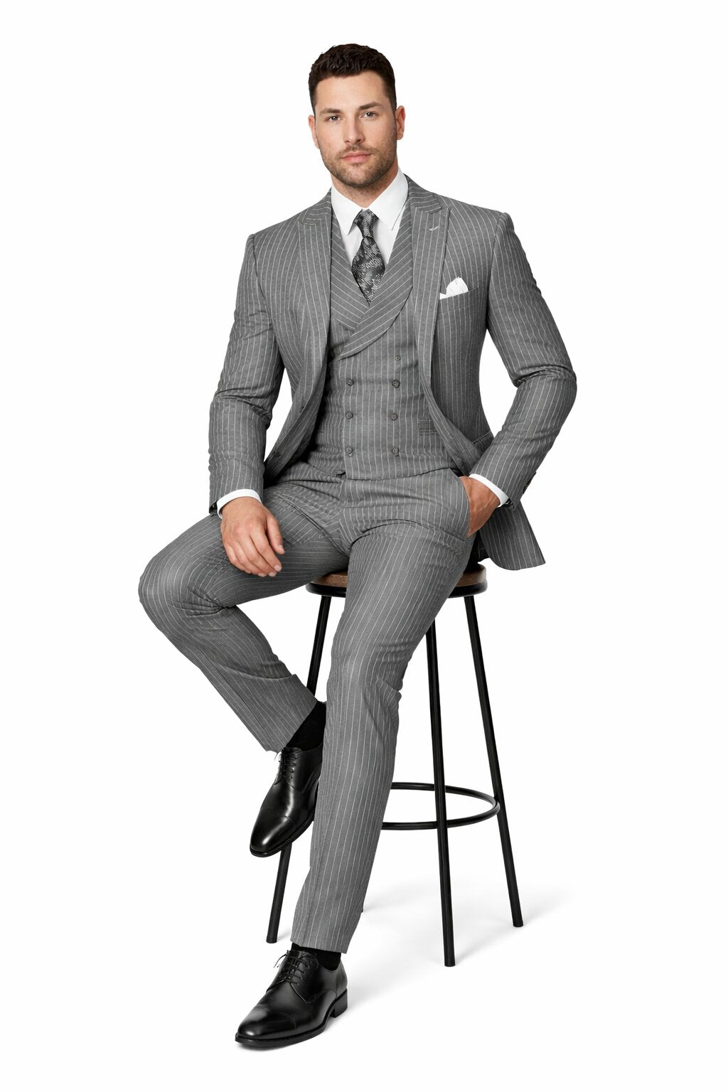 Mens Gangster Pinstripe 2 Button Double Breasted Vest Grey Suit
