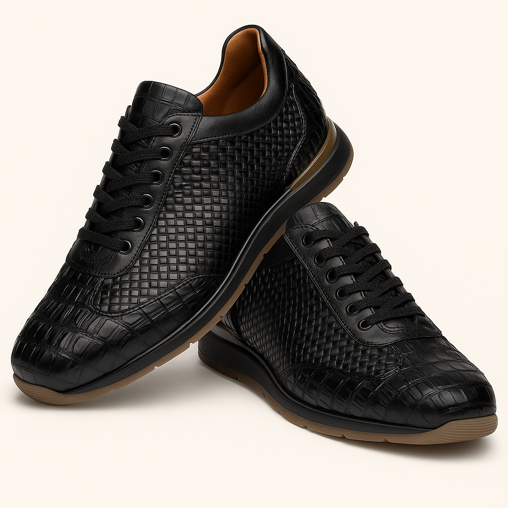 Marco Di Milano Roma Men Shoe Black Genuine Caiman Crocodile / Woven Leather Fashion Sneakers