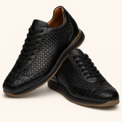 Marco Di Milano Roma Men Shoe Black Genuine Caiman Crocodile / Woven Leather Fashion Sneakers