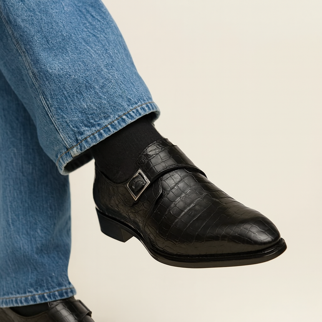 Gigolo Black Crocodile Single Monk-Strap Loafers By Mezlan Made In Spain Brand