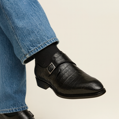 Gigolo Black Crocodile Single Monk-Strap Loafers By Mezlan Made In Spain Brand