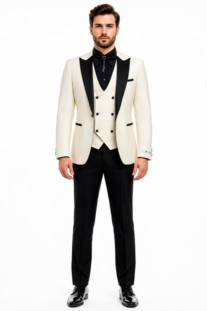 Giovanni Testi Suits With Double Breasted Vest - 3 Pieces Ivory and Black Peak Lapel Suit