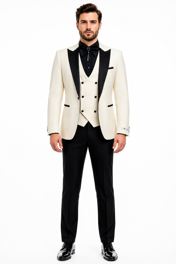 Giovanni Testi Suits With Double Breasted Vest - 3 Pieces Ivory and Black Peak Lapel Suit