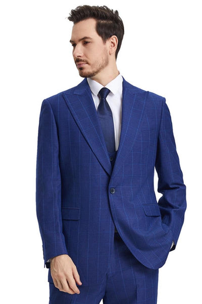 Men's Stacy Adams Peak Lapel Blue Windowpane Plaid Suit with a Scoop Neck Vest 1 SM172H1-20-38R  - from alligatorwarehouse.com