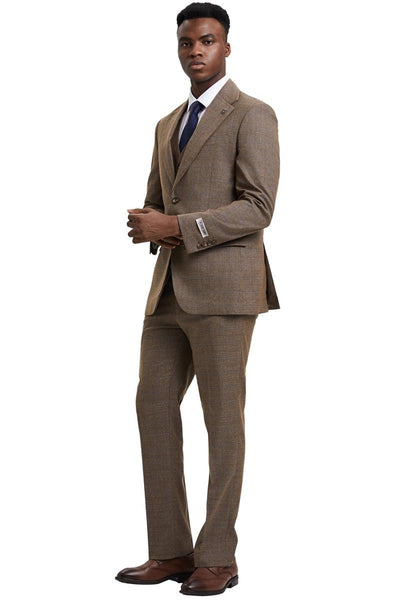 Men's Stacy Adams Modern Fit Vested Suit in Taupe Micro Check Plaid 3 SM167H1-10-38R  - from alligatorwarehouse.com