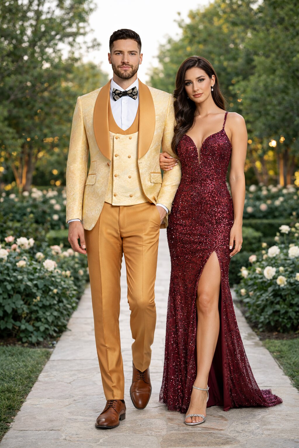 Gold Paisley 3-Piece Skinny Fit Suit – Wide Shawl Lapel with Matching Bow Tie