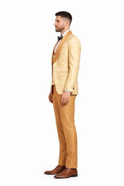 Gold Paisley 3-Piece Skinny Fit Suit – Wide Shawl Lapel with Matching Bow Tie