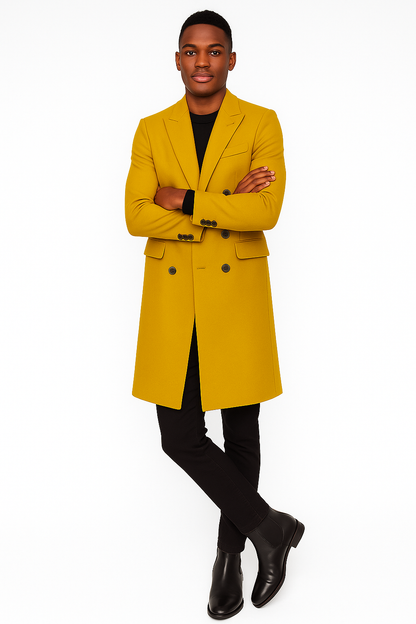 Men's Gold 44Inch Long Double Breasted Overcoat Winter Men's Topcoat Sale