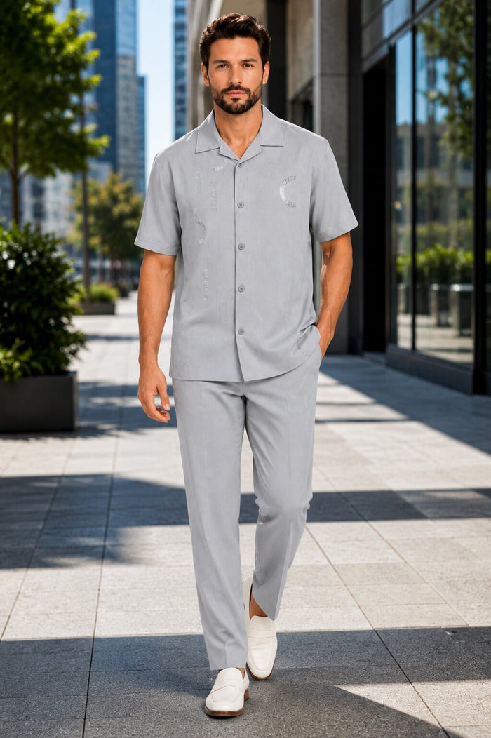 Men’s Light Gray Embroidered Walking Suit Set – 2 Piece Short Sleeve Casual Outfit