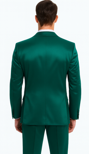 Men's Green Satin Double Breasted 3-Piece Suit with Peak Lapel Vest and Matching Bowtie – Tazzio Slim Fit Formalwear