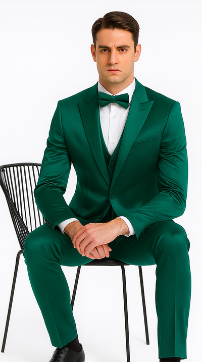 Men's Green Satin Double Breasted 3-Piece Suit with Peak Lapel Vest and Matching Bowtie – Tazzio Slim Fit Formalwear 3 M390SK-07-36R  - from alligatorwarehouse.com