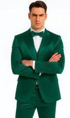 Men's Green Satin Double Breasted 3-Piece Suit with Peak Lapel Vest and Matching Bowtie – Tazzio Slim Fit Formalwear