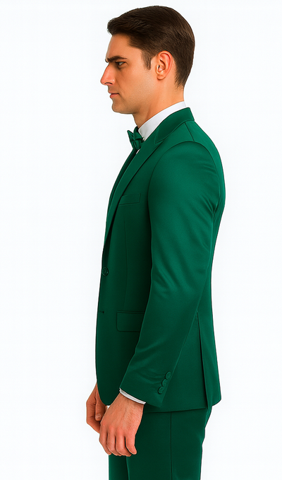 Men's Green Satin Double Breasted 3-Piece Suit with Peak Lapel Vest and Matching Bowtie – Tazzio Slim Fit Formalwear 7 M390SK-07-36R  - from alligatorwarehouse.com
