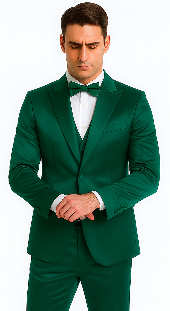 Men's Green Satin Double Breasted 3-Piece Suit with Peak Lapel Vest and Matching Bowtie – Tazzio Slim Fit Formalwear