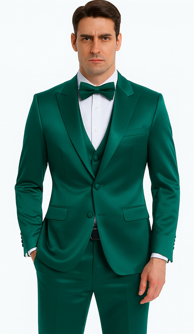 Men's Green Satin Double Breasted 3-Piece Suit with Peak Lapel Vest and Matching Bowtie – Tazzio Slim Fit Formalwear 1 M390SK-07-36R  - from alligatorwarehouse.com