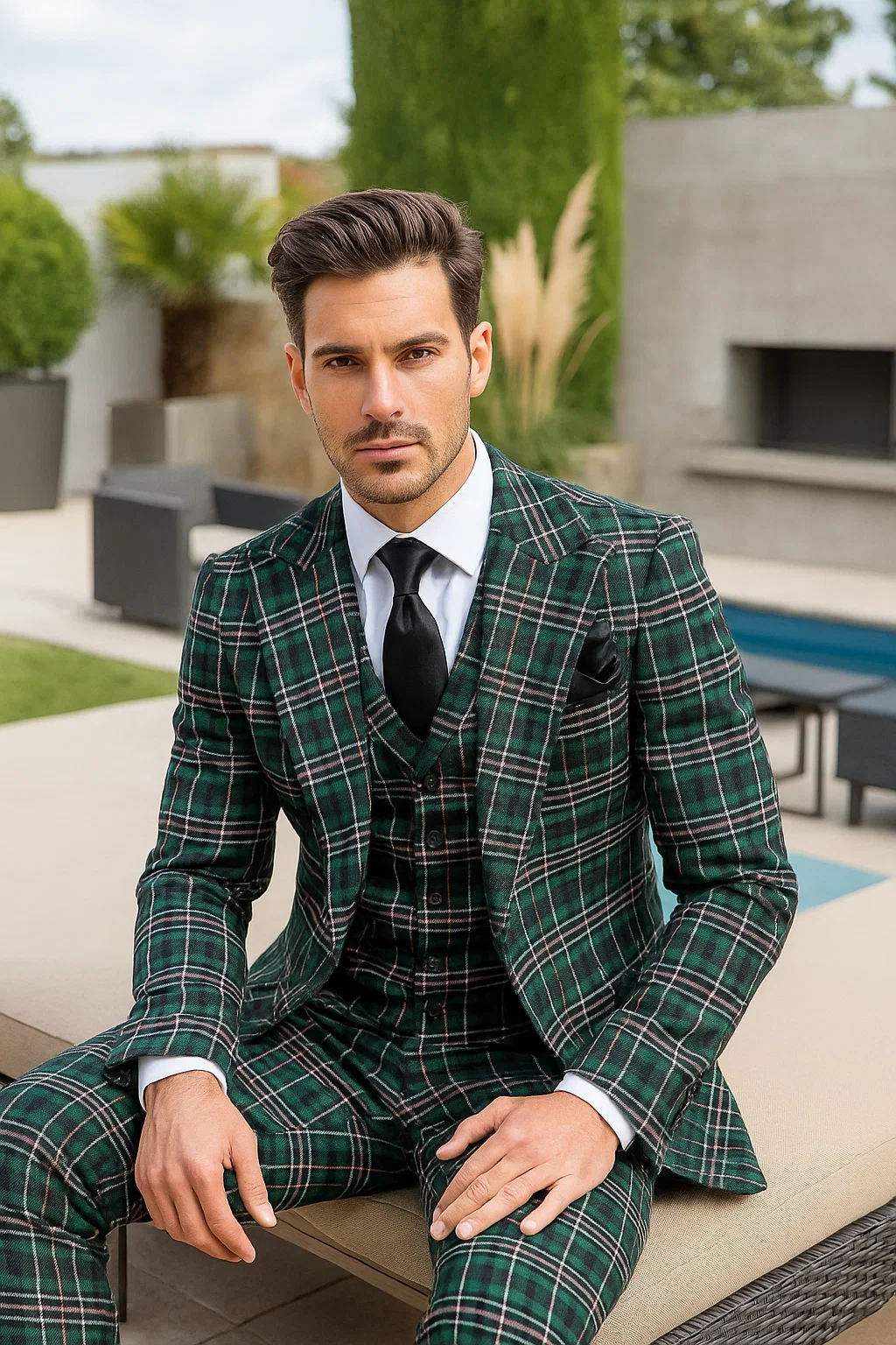 Suits With Baggy Pleated Pants - Wide Leg Pants 100% Wool - Classic Fit in Green Color by Rossiman 7   - from alligatorwarehouse.com
