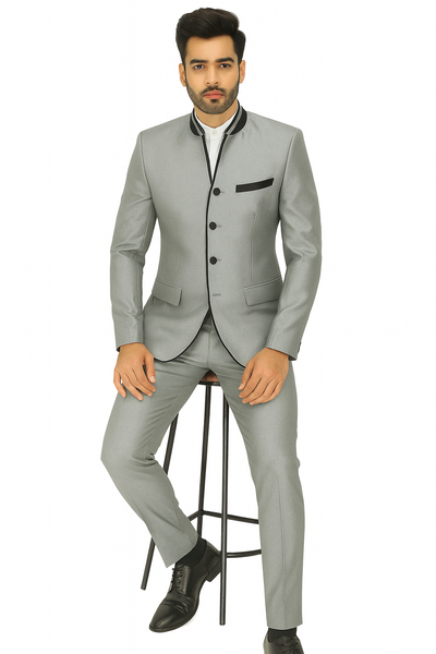 Mens 4 button Mandarin Tuxedo in Sharkskin Silver Grey with Black Trim 3 18-6081  - from alligatorwarehouse.com