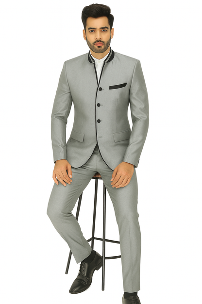 Mens 4 button Mandarin Tuxedo in Sharkskin Silver Grey with Black Trim