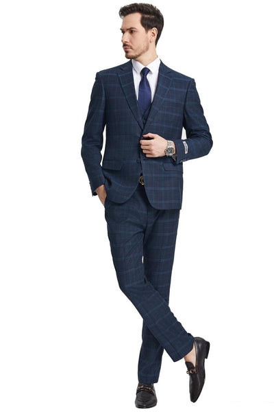 Men's Stacy Adams Vested Modern Fit Windowpane Plaid Suit in Navy Blue 2 SM159H1-155-38R  - from alligatorwarehouse.com