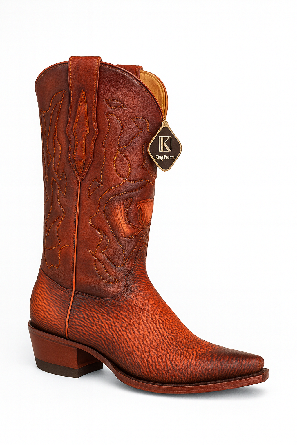 Men's King Exotic Snip Toe Sharkskin Boots Handcrafted Burnished Cognac (494RD0903)