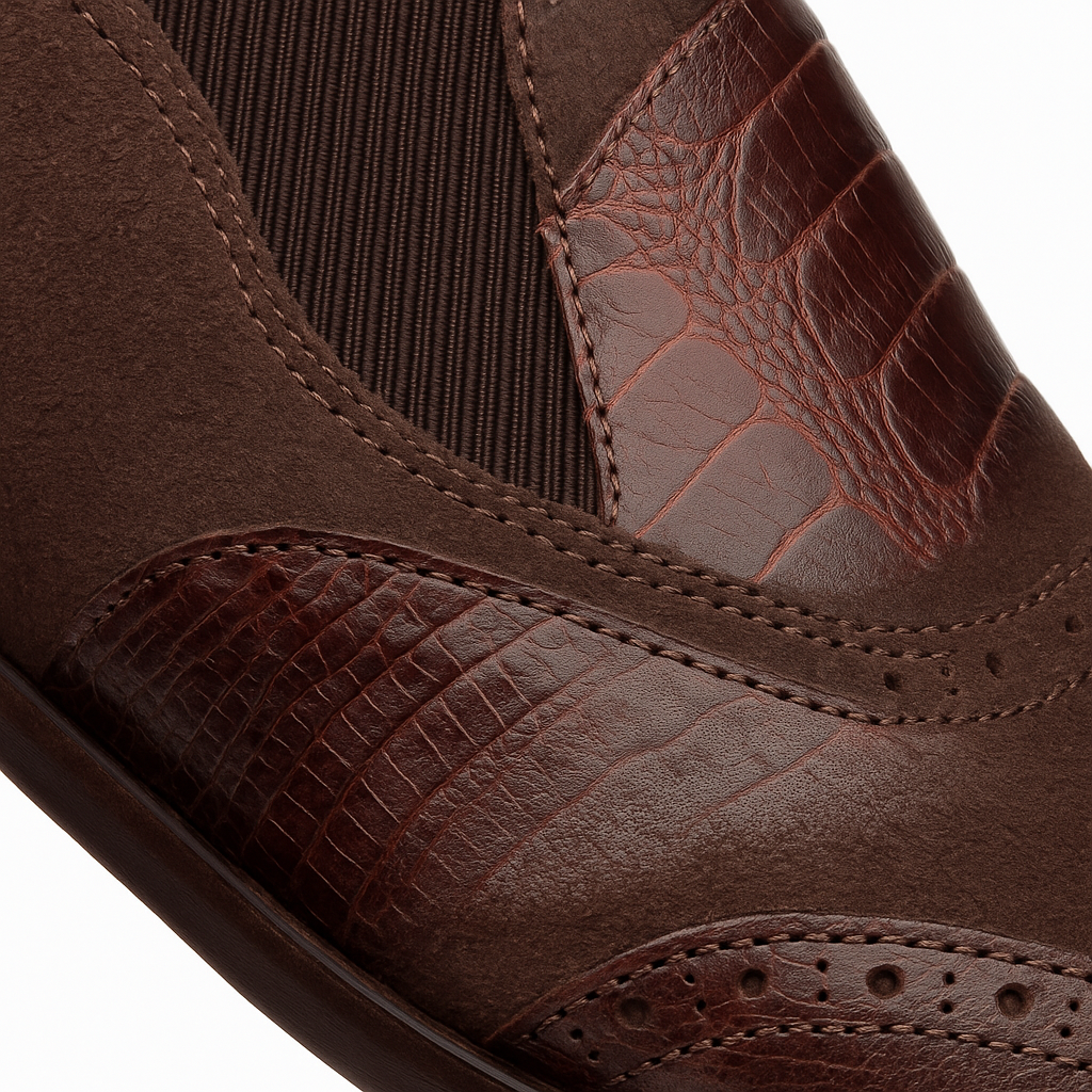 Brown Ostrich and English Suede Gored Slip On Dress Shoes for men By Mezlan Made In Spain Brand