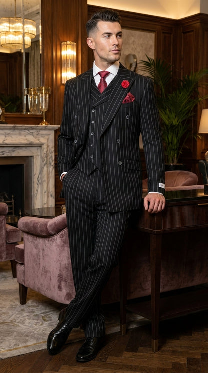 Harlem Nights Suits for Men by Tiglio – 100% Wool Double Breasted Black Pinstripe Vested Suit Wide Leg Pleated Pants Classic fit