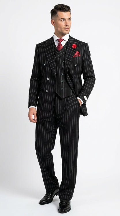 Harlem Nights Suits for Men by Tiglio – 100% Wool Double Breasted Black Pinstripe Vested Suit Wide Leg Pleated Pants Classic fit