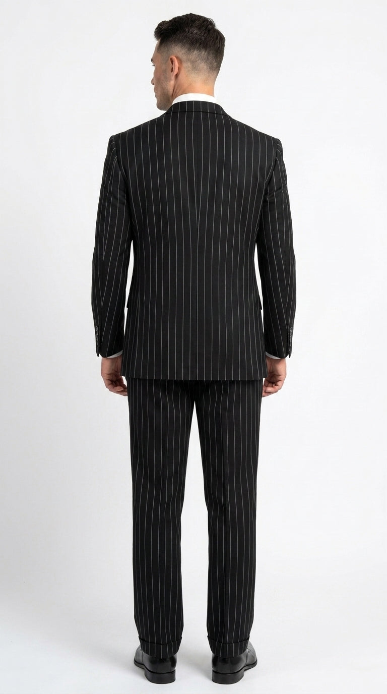 Harlem Nights Suits for Men by Tiglio – 100% Wool Double Breasted Black Pinstripe Vested Suit Wide Leg Pleated Pants Classic fit