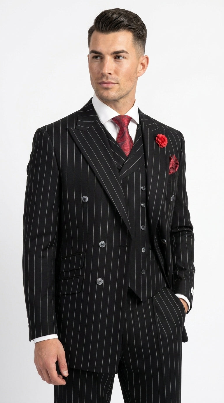 Harlem Nights Suits for Men by Tiglio – 100% Wool Double Breasted Black Pinstripe Vested Suit Wide Leg Pleated Pants Classic fit