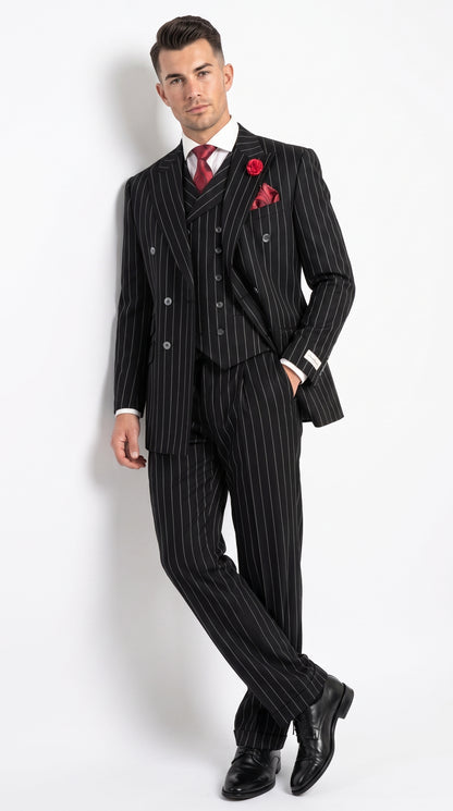 Harlem Nights Suits for Men by Tiglio – 100% Wool Double Breasted Black Pinstripe Vested Suit Wide Leg Pleated Pants Classic fit