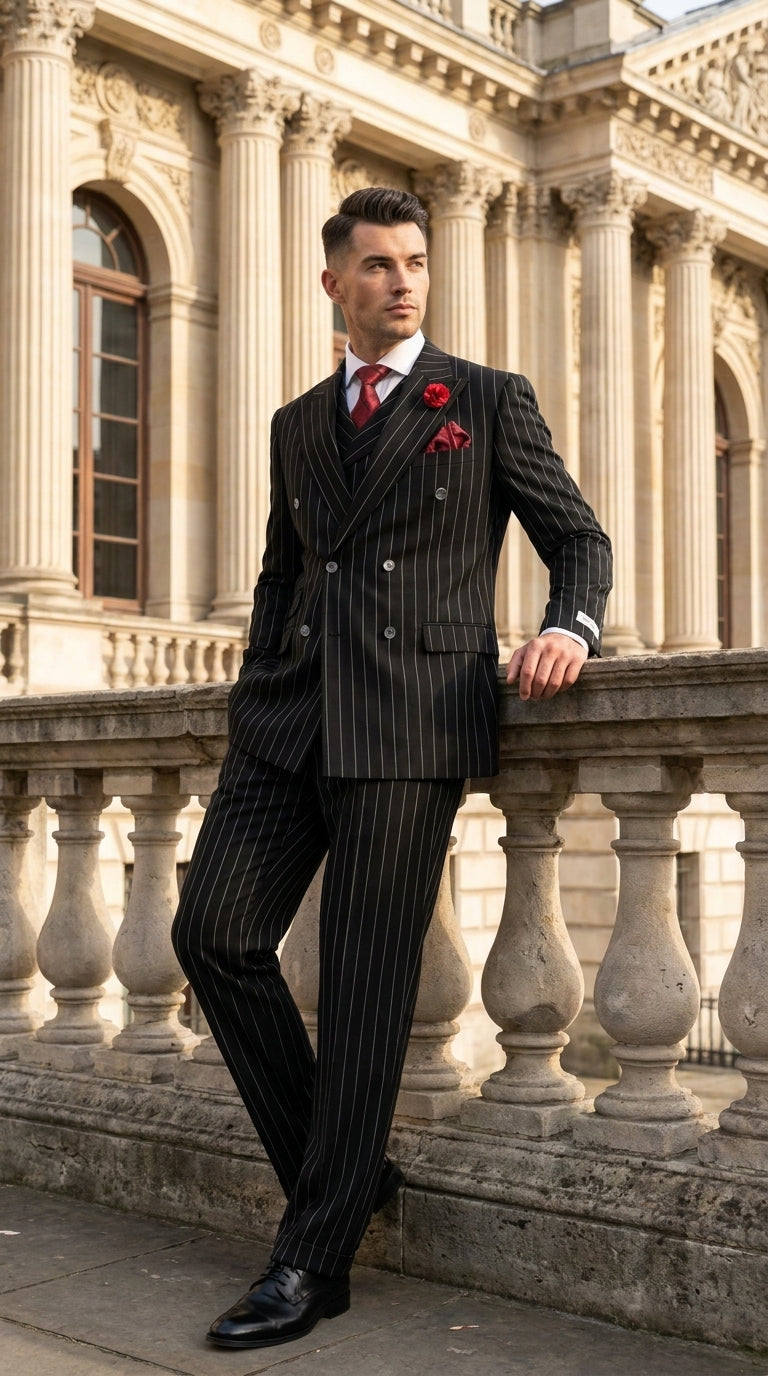 Harlem Nights Suits for Men by Tiglio – 100% Wool Double Breasted Black Pinstripe Vested Suit Wide Leg Pleated Pants Classic fit