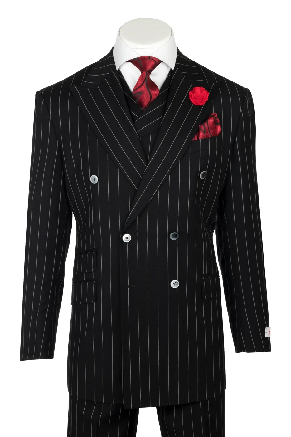 Harlem Nights Suits for Men by Tiglio – 100% Wool Double Breasted Black Pinstripe Vested Suit Wide Leg Pleated Pants Classic fit