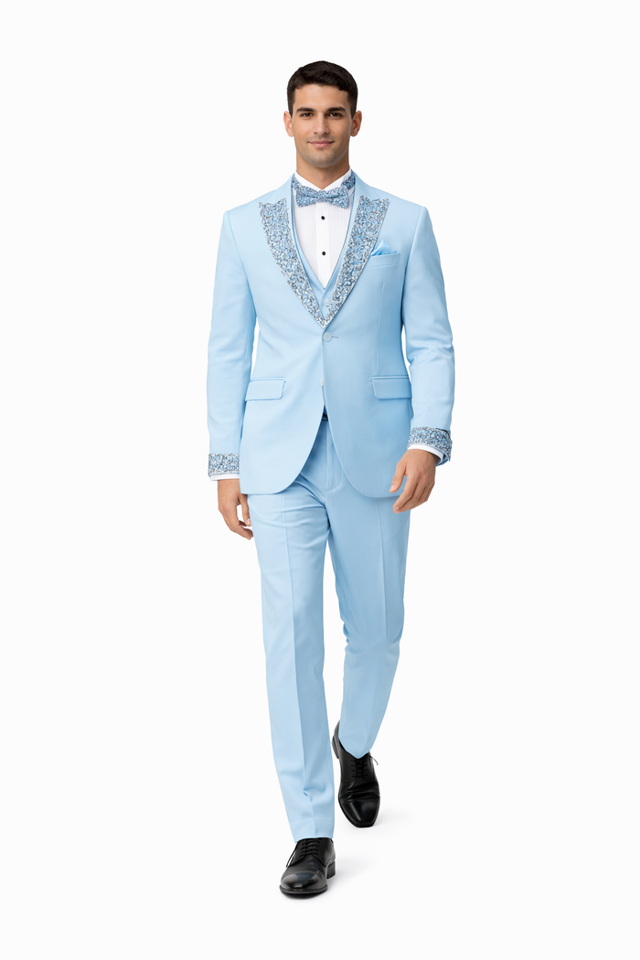 Baby Blue Prom Tuxedo - Perfect Wedding Suit Vested rhinestone sequin Lapelled