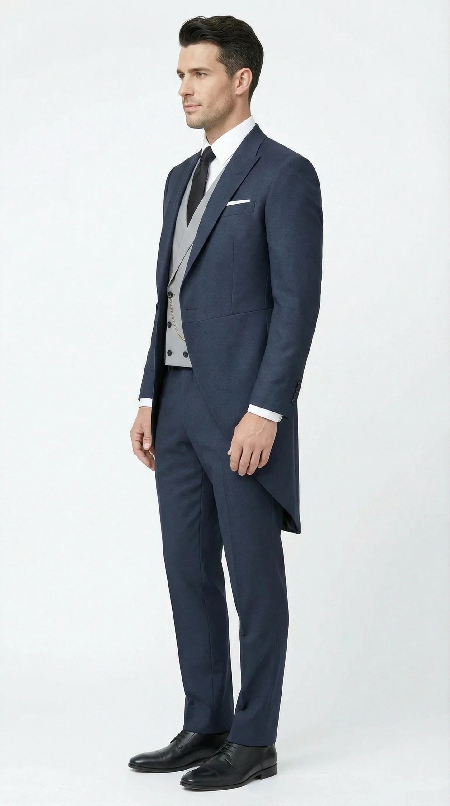 Men’s Navy Blue Three Piece Formal Suit – Cutaway Tuxedo Blazer Trousers for Wedding Tailcoat