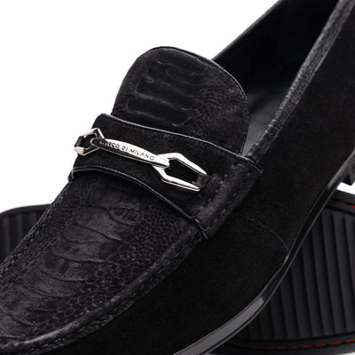 Marco Di Milano Black-Black Hugo Sueded Ostrich Leg Bit Loafers 3 HUGO OSL_OSTRICH LEG_BLACK-BLACK_8  - from alligatorwarehouse.com