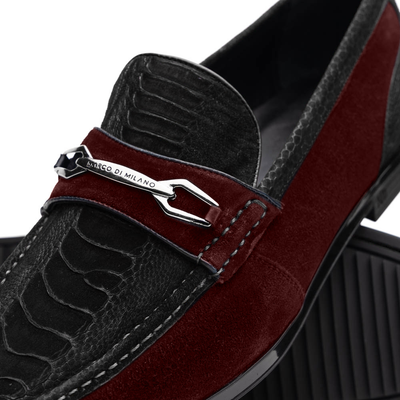 Marco Di Milano Black-Wine Hugo Sueded Ostrich Leg Bit Loafers 3 HUGO OSL_OSTRICH LEG_BLACK-WINE_8  - from alligatorwarehouse.com