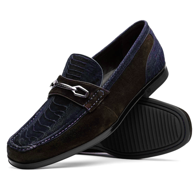 Marco Di Milano Navy-Brown Hugo Sueded Ostrich Leg Bit Loafers 2 HUGO OSL_OSTRICH LEG_NAVY-BROWN_8  - from alligatorwarehouse.com