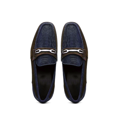 Marco Di Milano Navy-Brown Hugo Sueded Ostrich Leg Bit Loafers 4 HUGO OSL_OSTRICH LEG_NAVY-BROWN_8  - from alligatorwarehouse.com