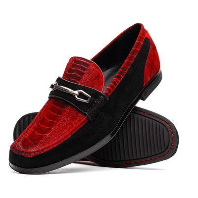Marco Di Milano Red-Black Hugo Sueded Ostrich Leg Bit Loafers 2 HUGO OSL_OSTRICH LEG_RED-BLACK_8  - from alligatorwarehouse.com